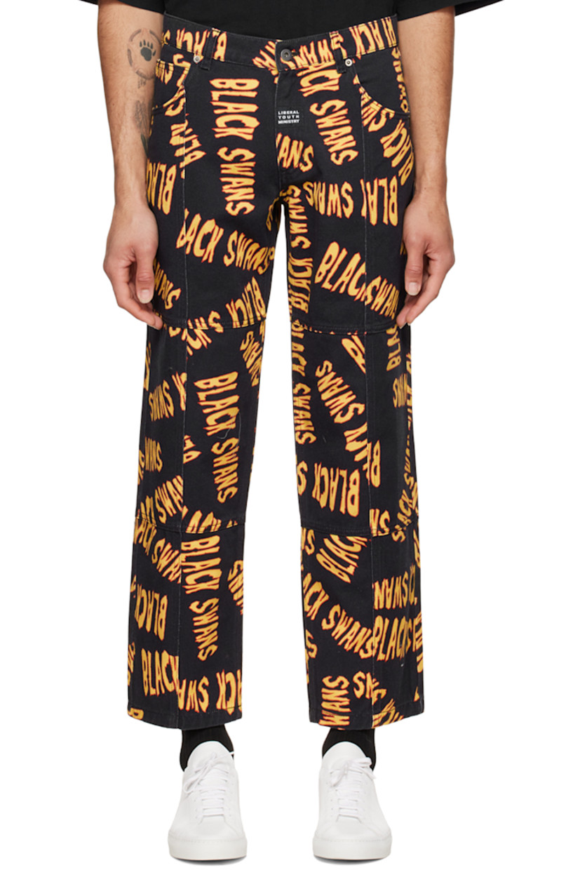 Non-stretch denim jeans. Text printed throughout.

· Paneled construction
· Belt loops
· Five-pocket styling
· Zip-fly
· Logo patch at front and back waistband
· Contrast stitching in tan

Supplier color: Black