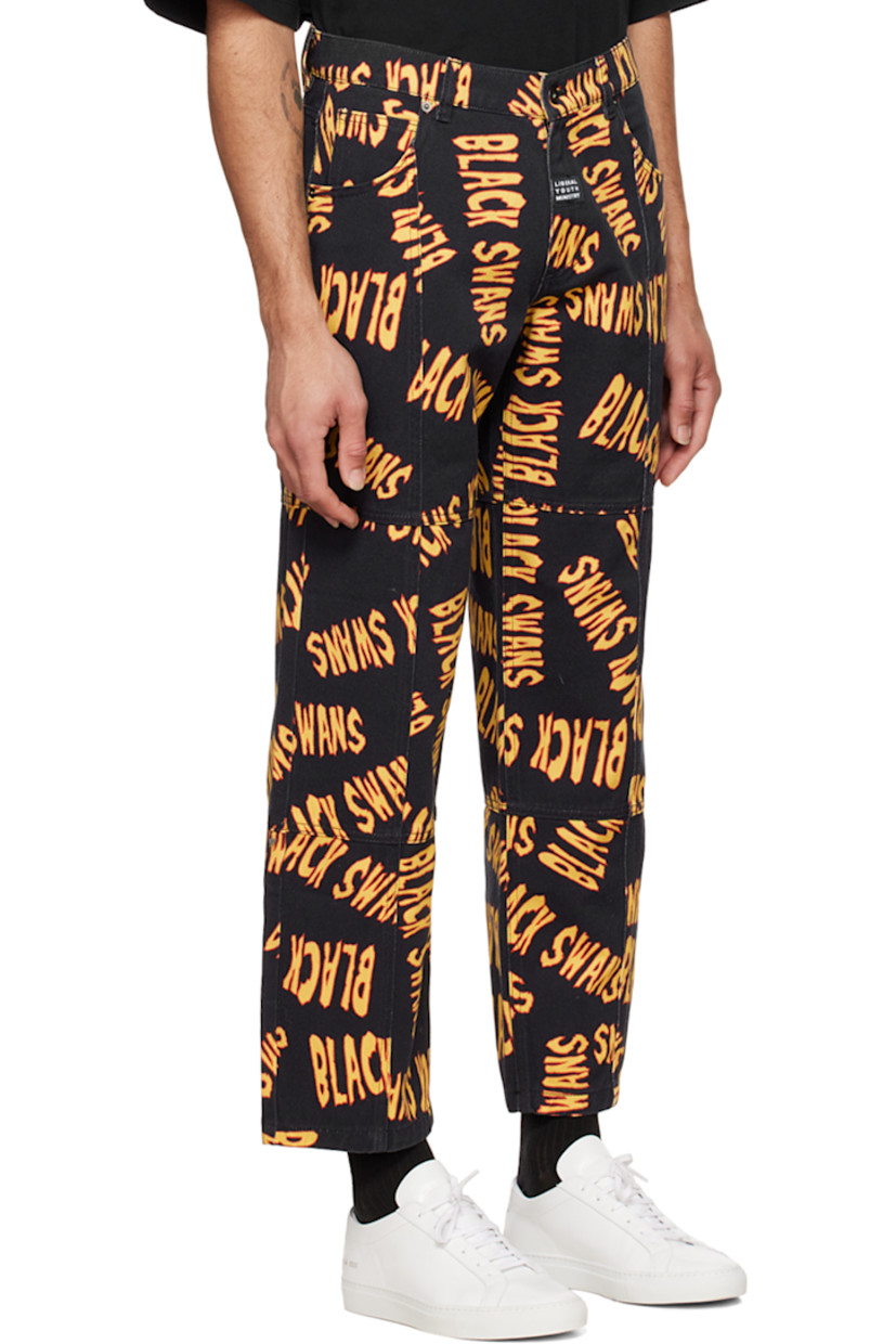 Non-stretch denim jeans. Text printed throughout.

· Paneled construction
· Belt loops
· Five-pocket styling
· Zip-fly
· Logo patch at front and back waistband
· Contrast stitching in tan

Supplier color: Black
