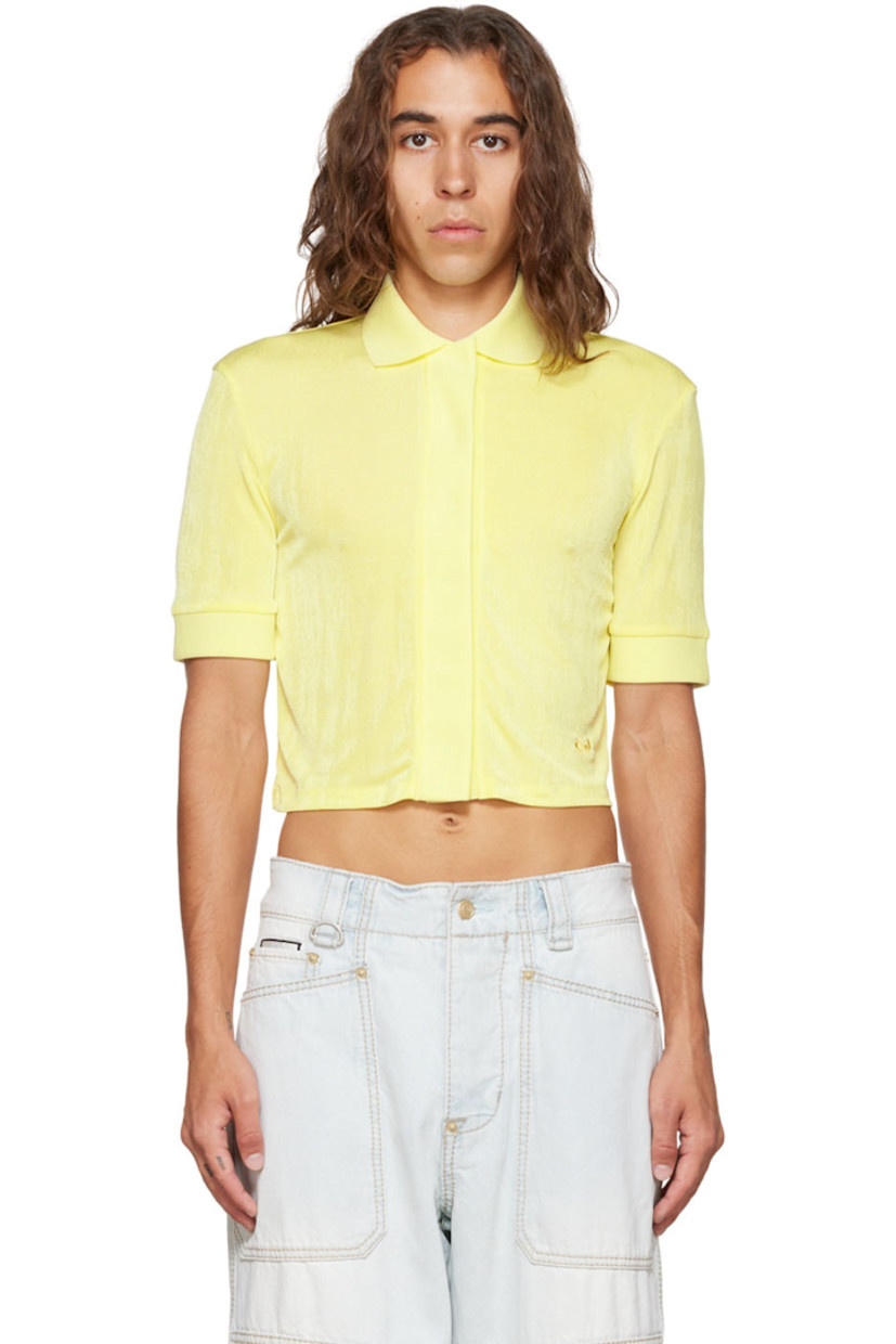 Stretch polyester jersey shirt.

· Rib knit spread collar, placket, and cuffs
· Concealed press-stud closure
· Logo embroidered at front hem

Available exclusively at SSENSE.

Supplier color: Limone