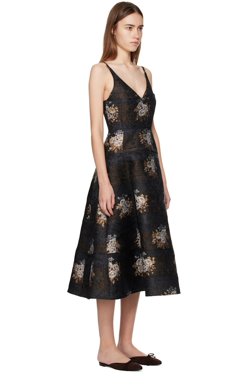Polyester and viscose-blend brocade dress. Jacquard graphic pattern throughout.

· V-neck
· Fixed shoulder straps
· Darts at front and back
· Concealed zip closure at back
· Full crepe lining

Supplier color: Black/Blue