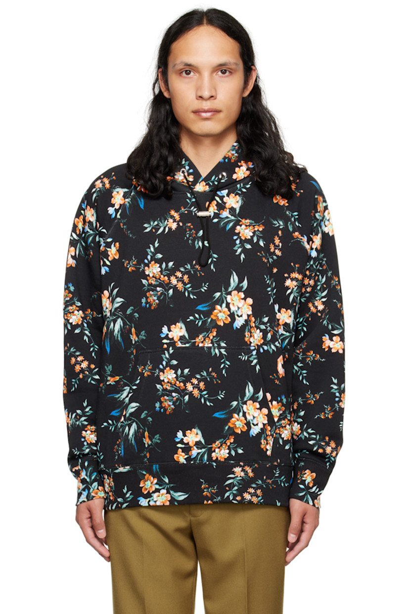 Cotton fleece hoodie. Floral pattern printed throughout. 

· Drawstring at hood
· Kangaroo pocket 
· Rib knit hem and cuffs
· Eyelet detailing at side seam
· Raglan sleeves 

Supplier color: Black/Multi