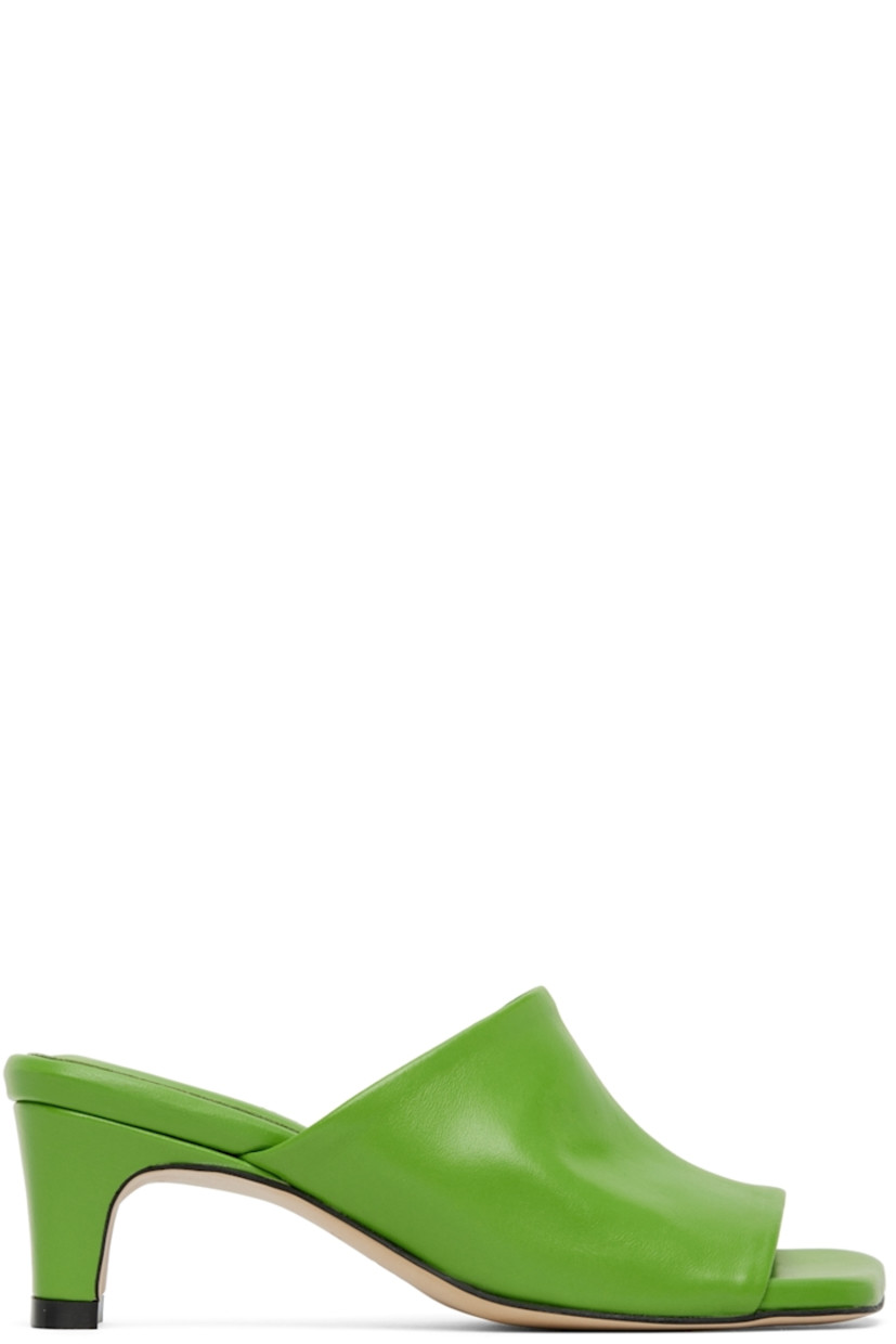 Buffed leather heeled sandals in green.

�· Open square toe
· Logo embossed at padded leather footbed 
· Covered block heel with rubber injection
· Leather sole in beige
· Heel: H2 in

Supplier color: Green