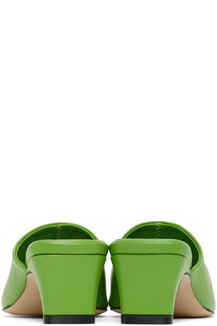 Buffed leather heeled sandals in green.

· Open square toe
· Logo embossed at padded leather footbed 
· Covered block heel with rubber injection
· Leather sole in beige
· Heel: H2 in

Supplier color: Green