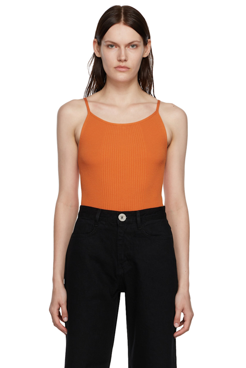 Rib knit rayon-blend bodysuit. 

· Self-tie halter neck
· Press-stud fastening at bottom

Supplier color: Orange