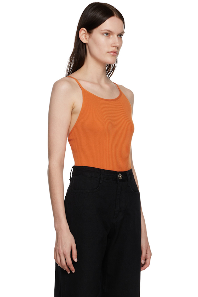 Rib knit rayon-blend bodysuit. 

· Self-tie halter neck
· Press-stud fastening at bottom

Supplier color: Orange