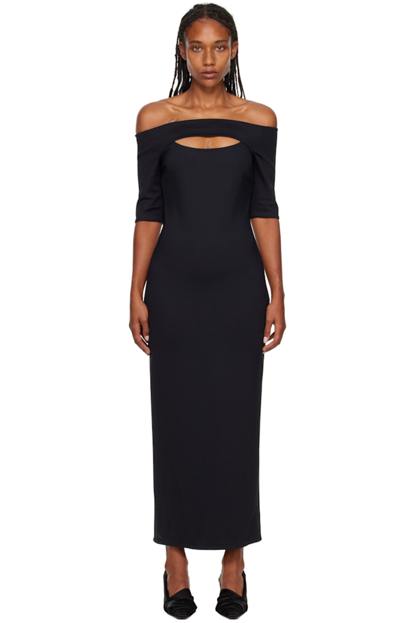 Stretch nylon interlock jersey dress. 

· Elasticized off-the-shoulder construction 
· Cutout at chest 
· Darts at front 
· Concealed zip closure at side seam 
· Vented back hem 

Supplier color: Black