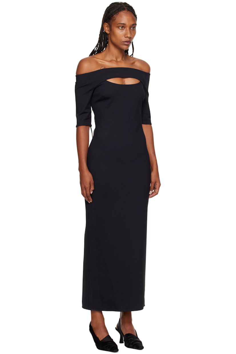 Stretch nylon interlock jersey dress. 

· Elasticized off-the-shoulder construction 
· Cutout at chest 
· Darts at front 
· Concealed zip closure at side seam 
· Vented back hem 

Supplier color: Black