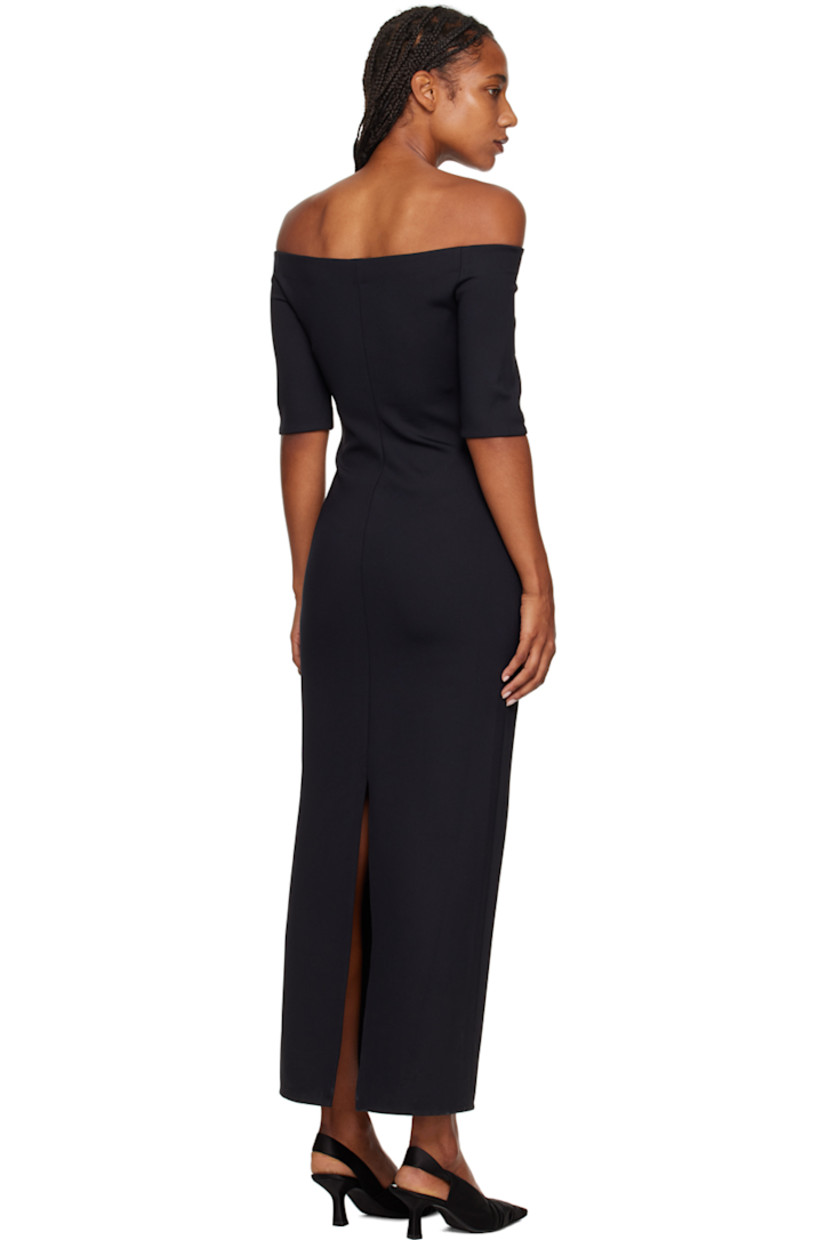 Stretch nylon interlock jersey dress. 

· Elasticized off-the-shoulder construction 
· Cutout at chest 
· Darts at front 
· Concealed zip closure at side seam 
· Vented back hem 

Supplier color: Black