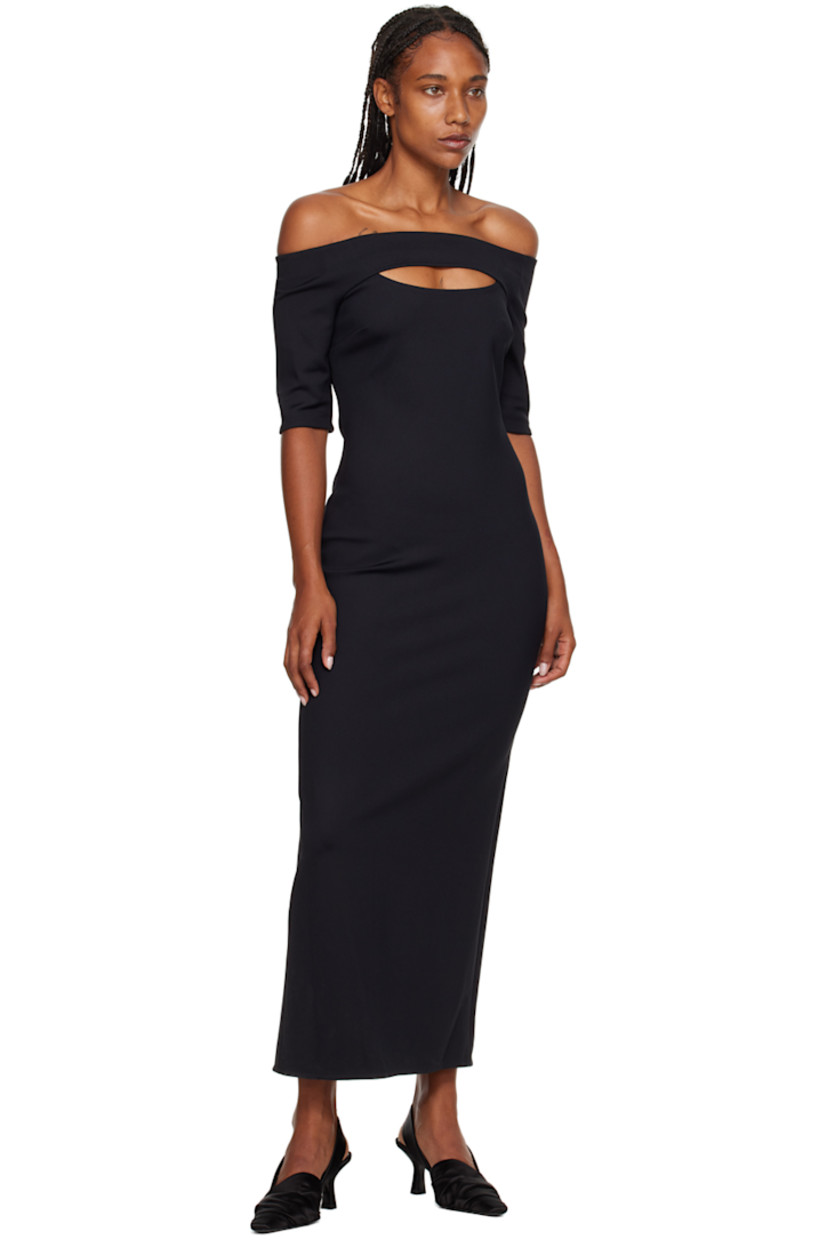 Stretch nylon interlock jersey dress. 

· Elasticized off-the-shoulder construction 
· Cutout at chest 
· Darts at front 
· Concealed zip closure at side seam 
· Vented back hem 

Supplier color: Black