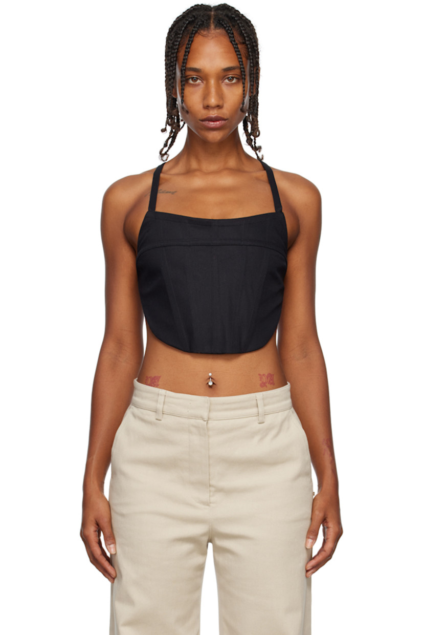 Stretch cotton cavalry twill corset-style tank top. Boning throughout. 

· Square neck
· Halter straps 
· Criss-crossing self-tie straps at back
· Full twill lining

Supplier color: Black