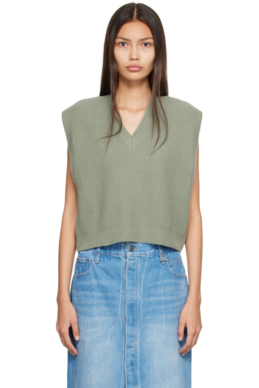 Rib knit wool-blend sweater vest. 

· V-neck
· Logo hardware at back collar

Supplier color: Fresh green
