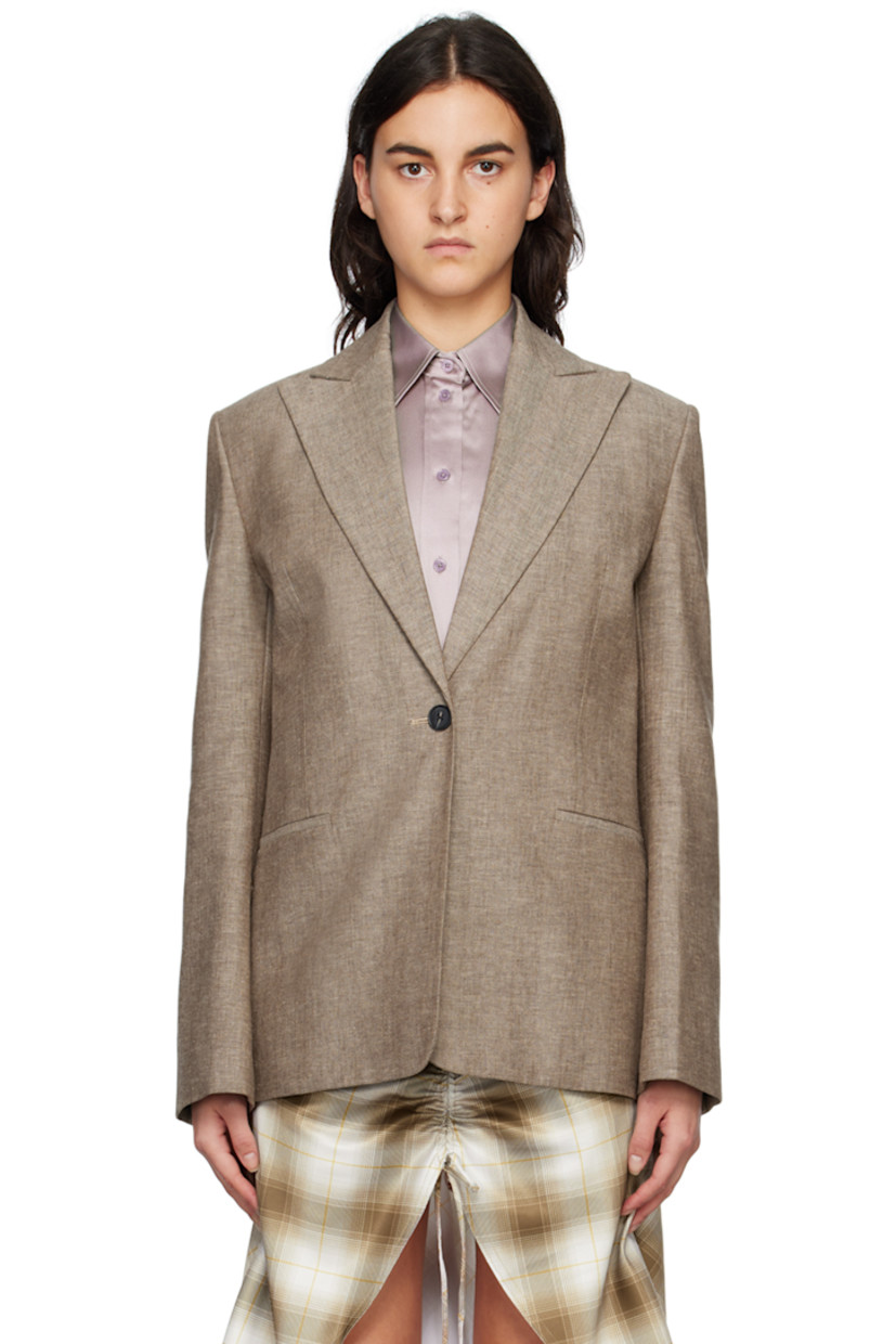 Linen-blend twill blazer. Stripes throughout. 

· Peaked lapel
· Button closure
· Welt pockets and zip pockets at waist
· Padded shoulders
· Unfinished surgeon's cuffs
· Central vent at back hem
· Welt pockets at interior
· Full plain-woven lining

Supplier color: Melange brown