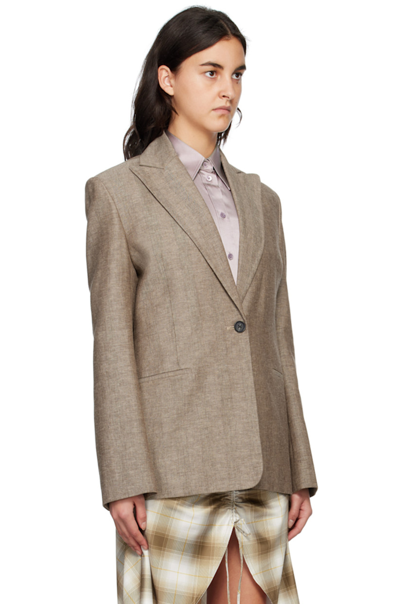 Linen-blend twill blazer. Stripes throughout. 

· Peaked lapel
· Button closure
· Welt pockets and zip pockets at waist
· Padded shoulders
· Unfinished surgeon's cuffs
· Central vent at back hem
· Welt pockets at interior
· Full plain-woven lining

Supplier color: Melange brown