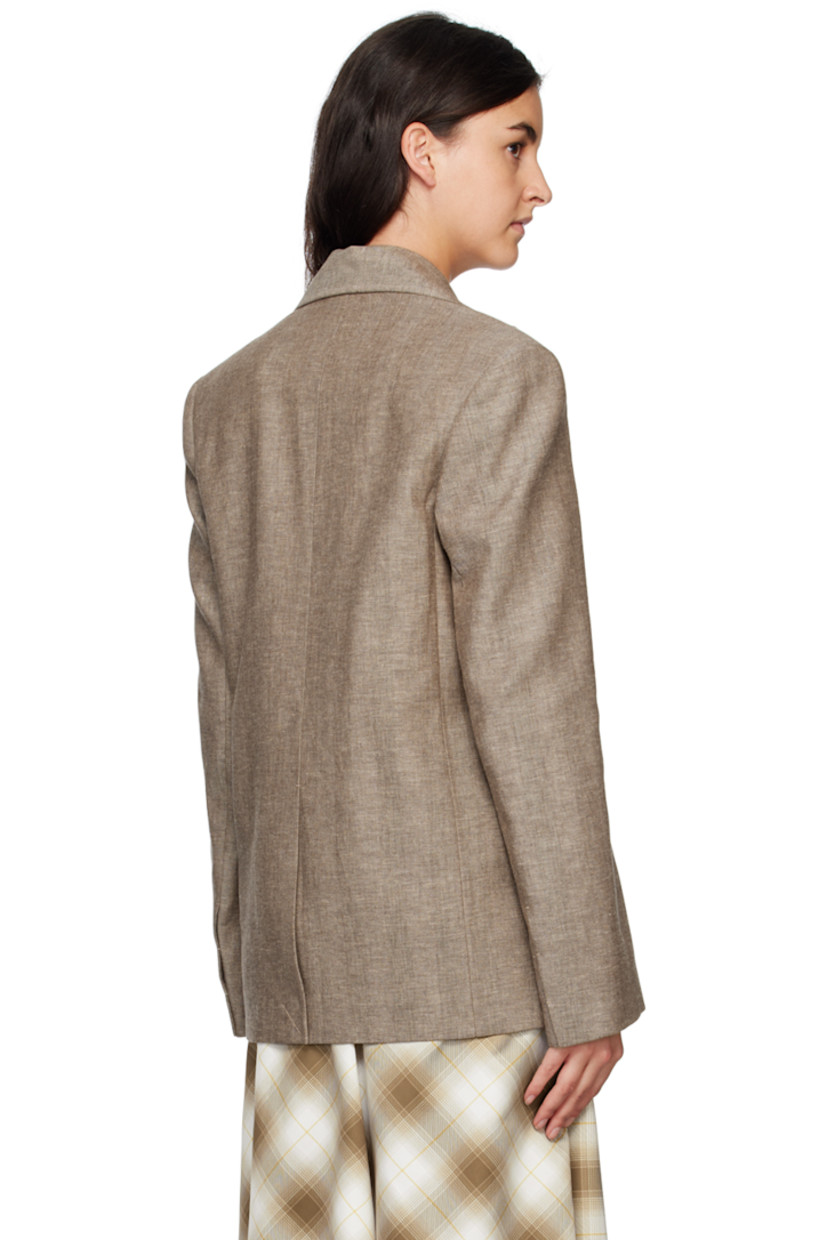 Linen-blend twill blazer. Stripes throughout. 

· Peaked lapel
· Button closure
· Welt pockets and zip pockets at waist
· Padded shoulders
· Unfinished surgeon's cuffs
· Central vent at back hem
· Welt pockets at interior
· Full plain-woven lining

Supplier color: Melange brown