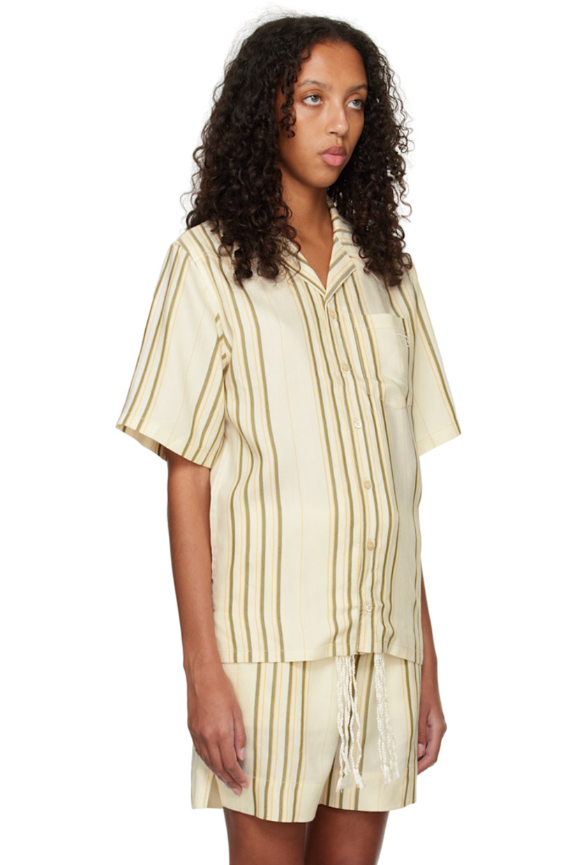 Viscose and acetate-blend gabardine shirt. Stripes throughout. 

· Open spread collar
· Button closure
· Logo embroidered at patch pocket
· Vented side seams

Available exclusively at SSENSE. 

Supplier color: Ecru/Yellow/Green