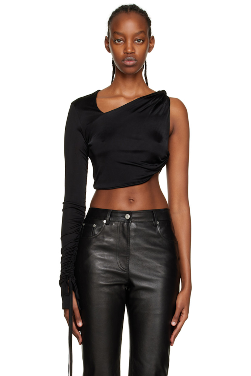 Viscose jersey blouse. Twisted detailing at front and side seam.

· Asymmetric and single-shoulder construction 
· Cropped hem 
· Self-tie fastening at cuff

Supplier color: Black