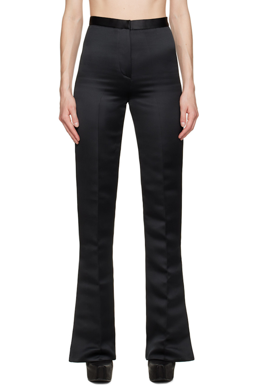Stretch cotton and viscose-blend satin trousers.

· Zip-fly
· Central creases at front and back legs
· Vents at cuffs
· Darts at back waistband

Supplier color: Black