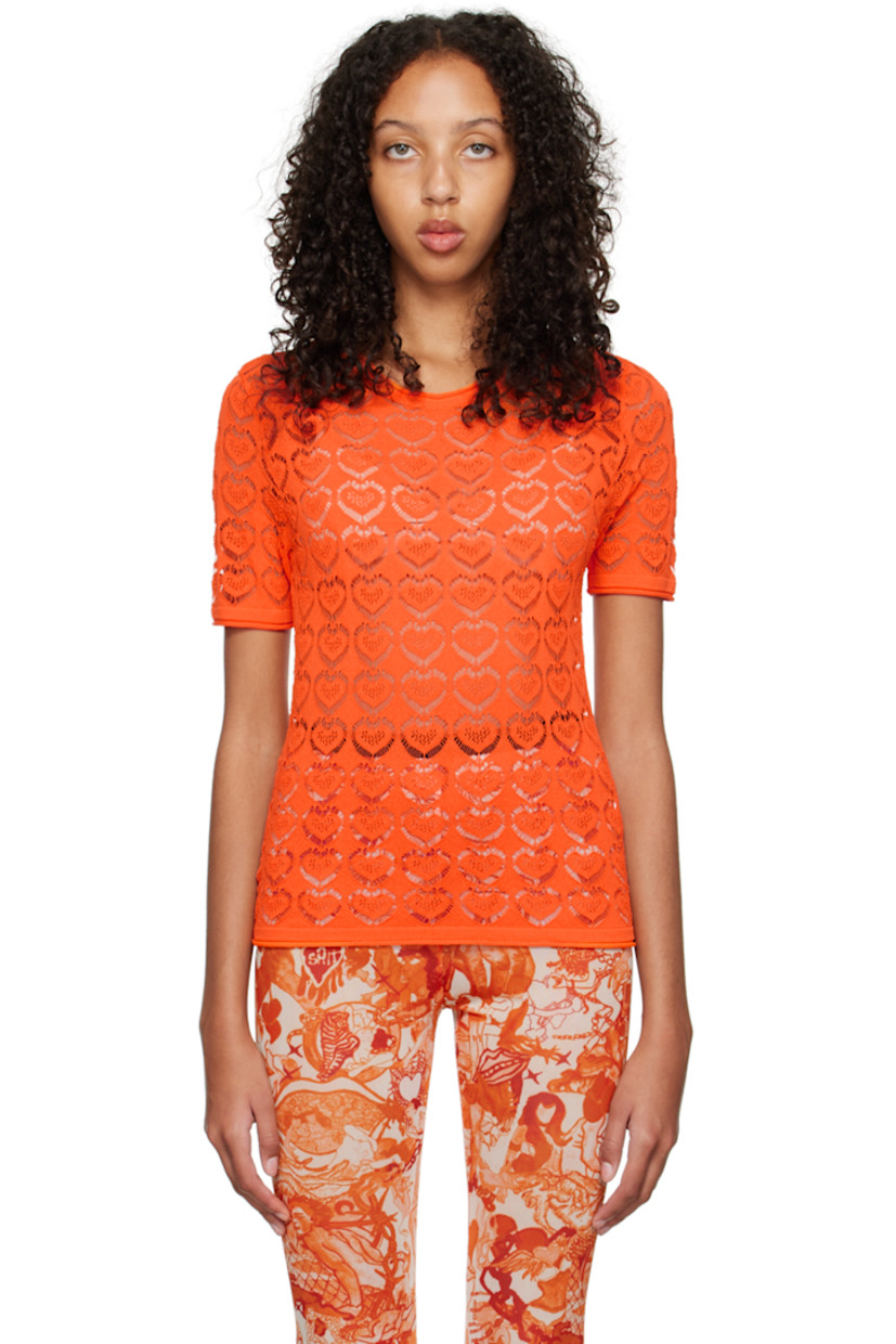 Knit viscose and nylon-blend T-shirt. 

· Open knit graphic pattern throughout
· Rolled edge at crewneck, hem, and cuffs

Available exclusively at SSENSE.

Supplier color: Orange