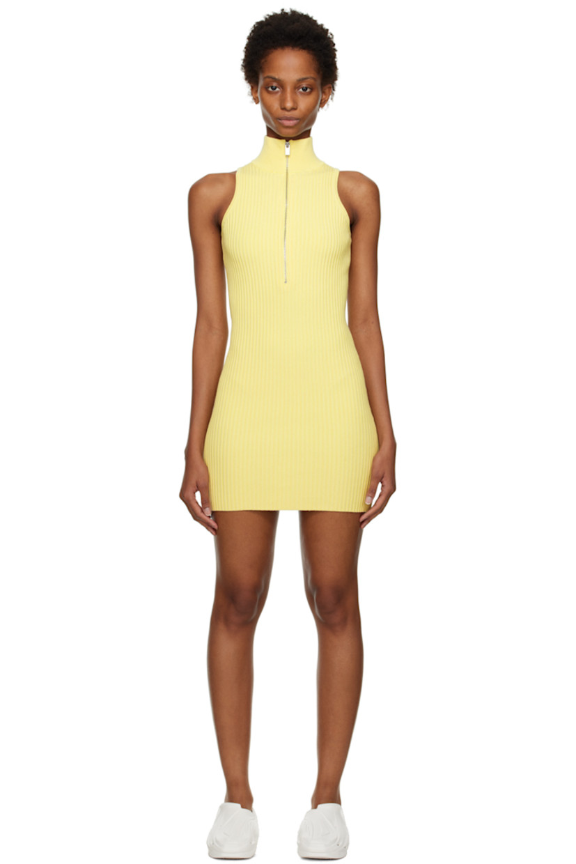 Rib knit stretch viscose-blend dress.

· Turtleneck
· Half-zip closure
· Unlined
· Logo-engraved silver-tone hardware

Supplier color: Washed out yellow