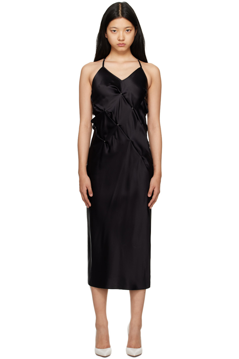 Acetate-blend satin dress. Press-stud detailing throughout for alternate styling. 

· V-neck 
· Adjustable shoulder straps 
· Unlined

Supplier color: Black