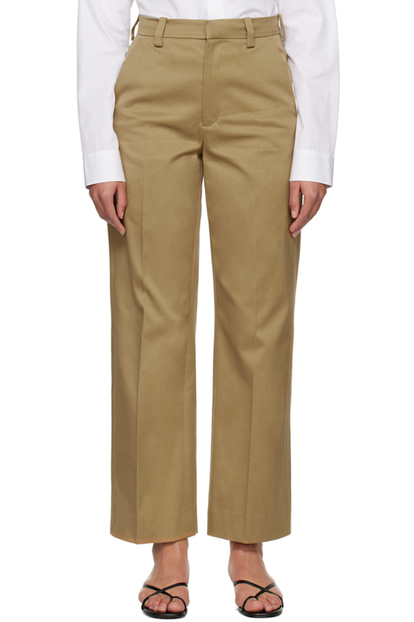 Straight-leg stretch cotton twill trousers.

· Belt loops
· Four-pocket styling
· Zip-fly
· Central creases at front and back

Wholesale exclusivity at SSENSE.

Supplier color: Beige