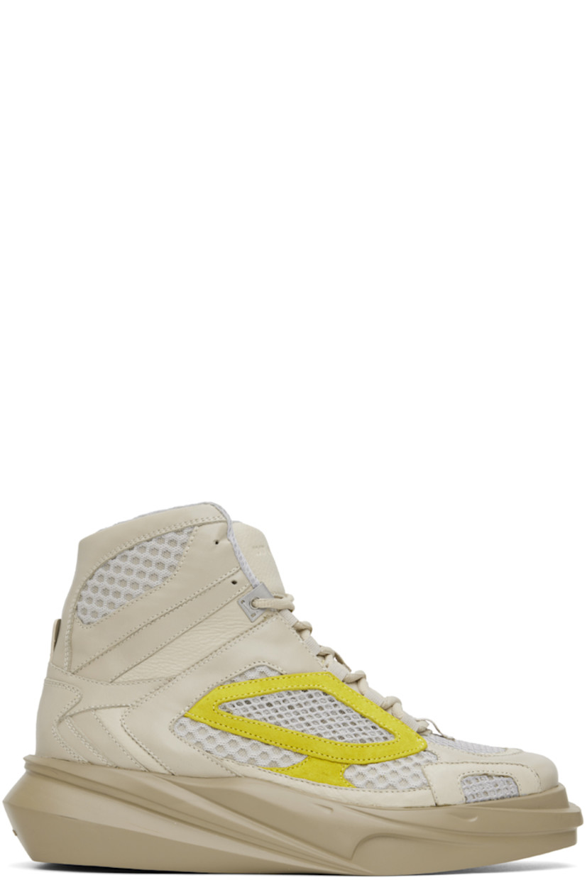 High-top paneled mesh, suede, and grained calfskin sneakers in taupe.

· Square toe 
· Padded tongue and collar
· Logo embossed at heel 
· Mesh lining
· Sculptural rubber midsole
· Treaded rubber outsole

Supplier color: Sand/Yellow