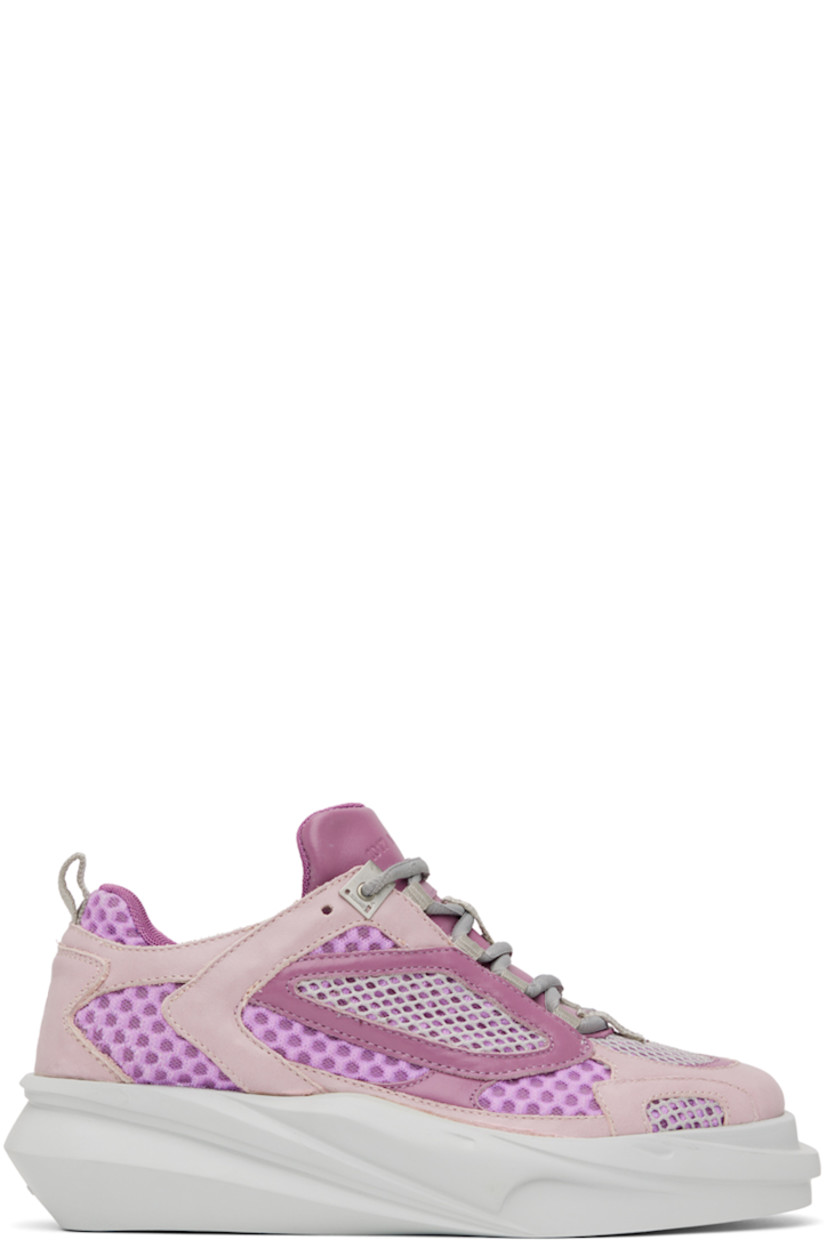 Low-top paneled buffed calfskin and mesh sneakers in purple.

· Square toe
· Lace-up closure
· Logo embossed at padded tongue
· Padded collar
· Webbing pull-loop at heel tab
· Mesh lining
· Sculptural rubber midsole
· Treaded rubber outsole

Supplier color: Lilac
