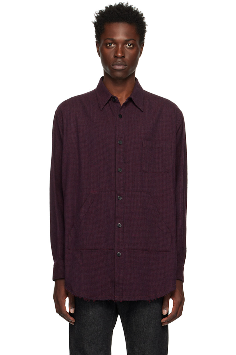 Wool and cotton-blend cavalry twill shirt. Check pattern throughout.

· Spread collar
· Button closure
· Patch pockets at front
· Frayed edge at droptail hem
· Two-button barrel cuffs
· Pleats at back yoke

Supplier color: Bordeaux