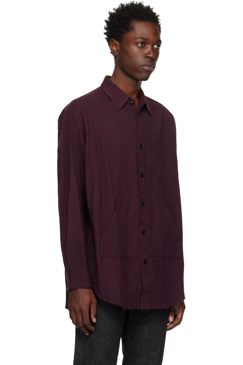 Wool and cotton-blend cavalry twill shirt. Check pattern throughout.

· Spread collar
· Button closure
· Patch pockets at front
· Frayed edge at droptail hem
· Two-button barrel cuffs
· Pleats at back yoke

Supplier color: Bordeaux