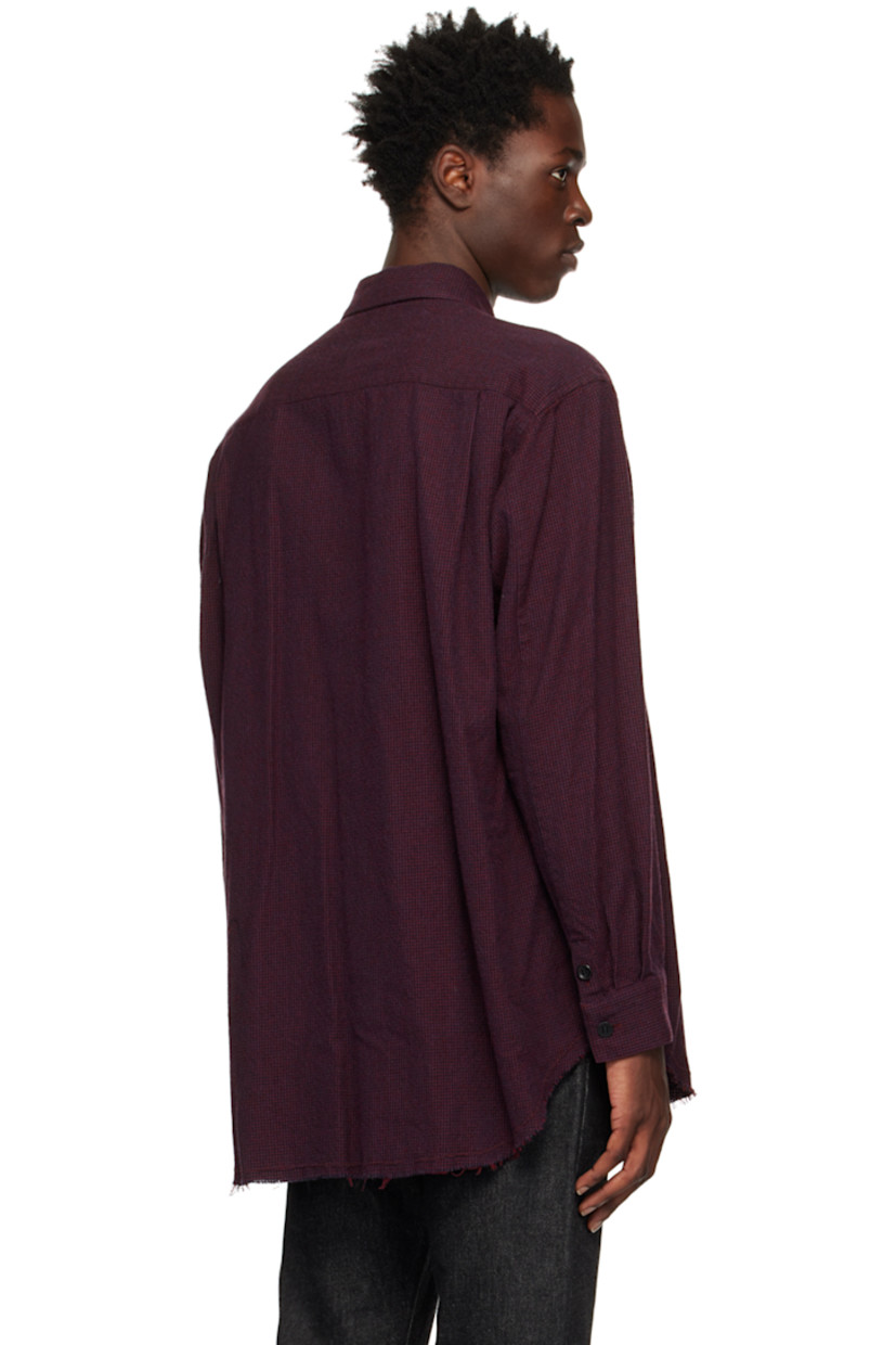 Wool and cotton-blend cavalry twill shirt. Check pattern throughout.

· Spread collar
· Button closure
· Patch pockets at front
· Frayed edge at droptail hem
· Two-button barrel cuffs
· Pleats at back yoke

Supplier color: Bordeaux