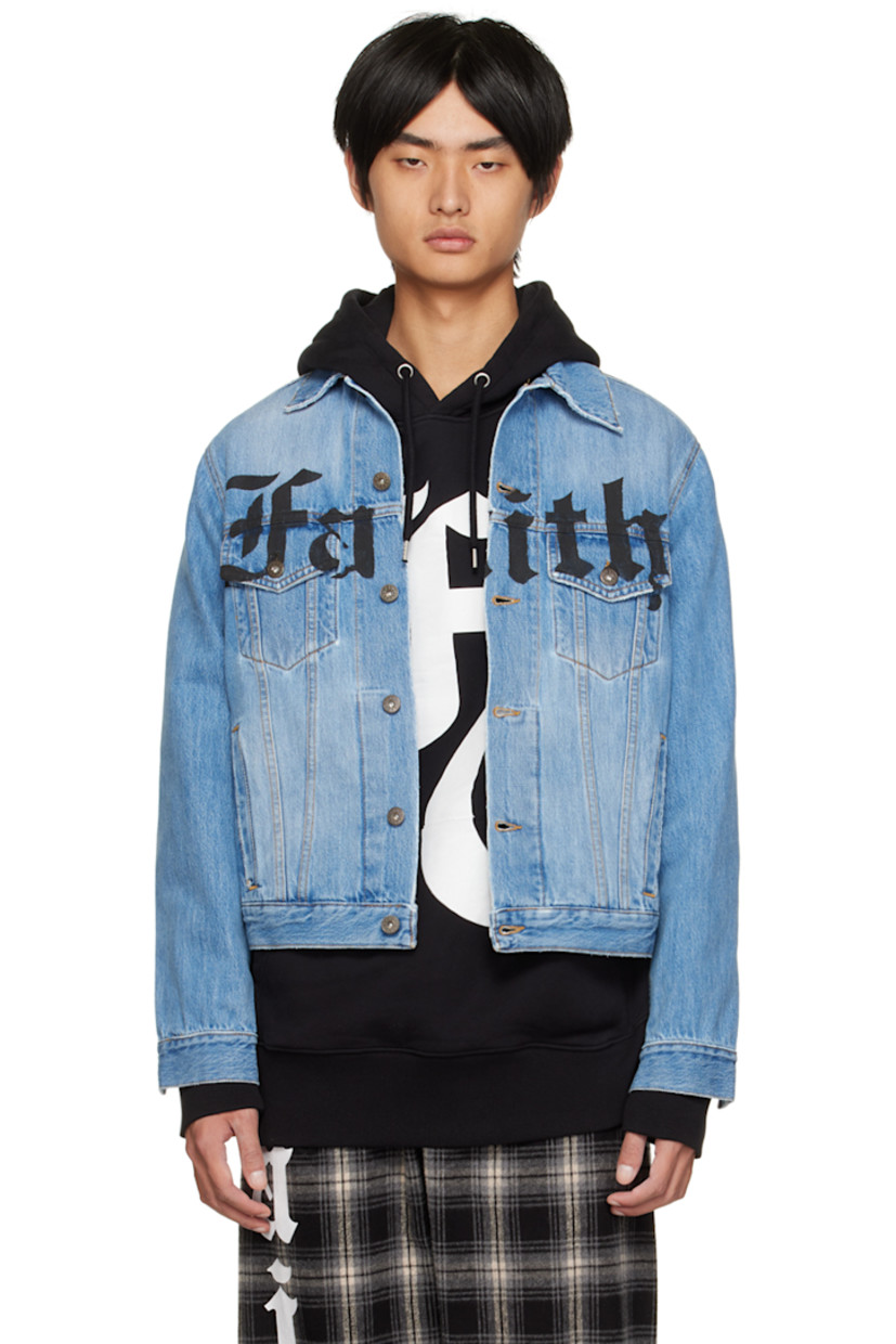 Non-stretch denim jacket. Subtle distressing throughout. 

· Spread collar 
· Button closure 
· Flap and welt pockets 
· Logo printed at front and back 
· Single-button barrel cuffs 
· Contrast stitching in yellow 

Supplier color: Blue