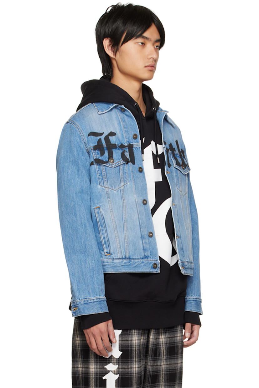 Non-stretch denim jacket. Subtle distressing throughout. 

· Spread collar 
· Button closure 
· Flap and welt pockets 
· Logo printed at front and back 
· Single-button barrel cuffs 
· Contrast stitching in yellow 

Supplier color: Blue