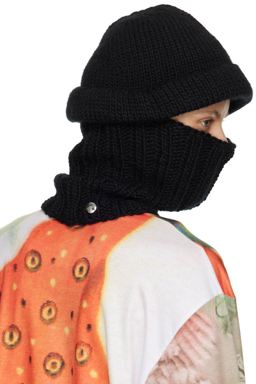 Rib knit wool beanie in black.

· Integrated mask-style panel at brim
· Single press-stud at collar
· Logo-engraved silver-tone hardware

Face masks and face coverings are final sale and are not eligible for return or exchange.

Supplier color: Black
