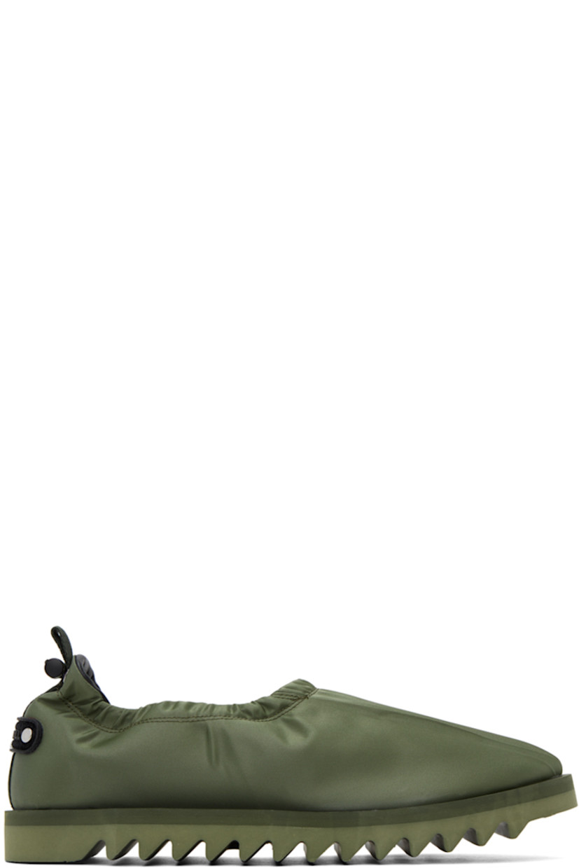Nylon satin loafers in khaki.

· Pinched seams at vamp
· Bungee-style drawstring at elasticized collar
· Grosgrain pull-loop at heel collar
· Textile logo patch at heel tab
· Buffed calfskin lining
· Foam rubber midsole
· Treaded Vibram® rubber outsole

Supplier color: Military green