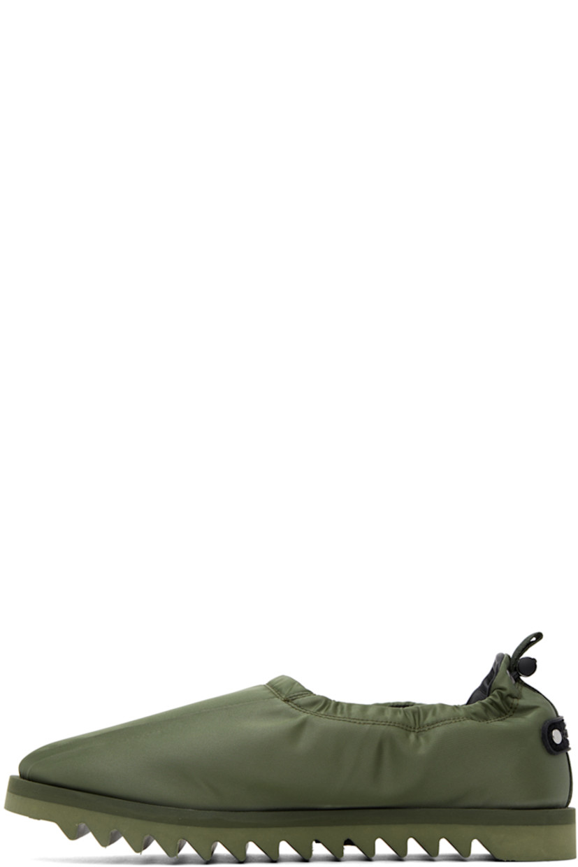 Nylon satin loafers in khaki.

· Pinched seams at vamp
· Bungee-style drawstring at elasticized collar
· Grosgrain pull-loop at heel collar
· Textile logo patch at heel tab
· Buffed calfskin lining
· Foam rubber midsole
· Treaded Vibram® rubber outsole

Supplier color: Military green