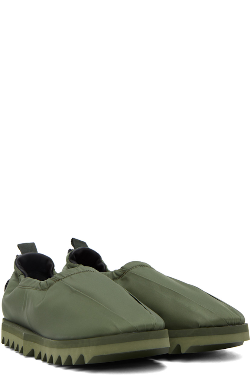 Nylon satin loafers in khaki.

· Pinched seams at vamp
· Bungee-style drawstring at elasticized collar
· Grosgrain pull-loop at heel collar
· Textile logo patch at heel tab
· Buffed calfskin lining
· Foam rubber midsole
· Treaded Vibram® rubber outsole

Supplier color: Military green