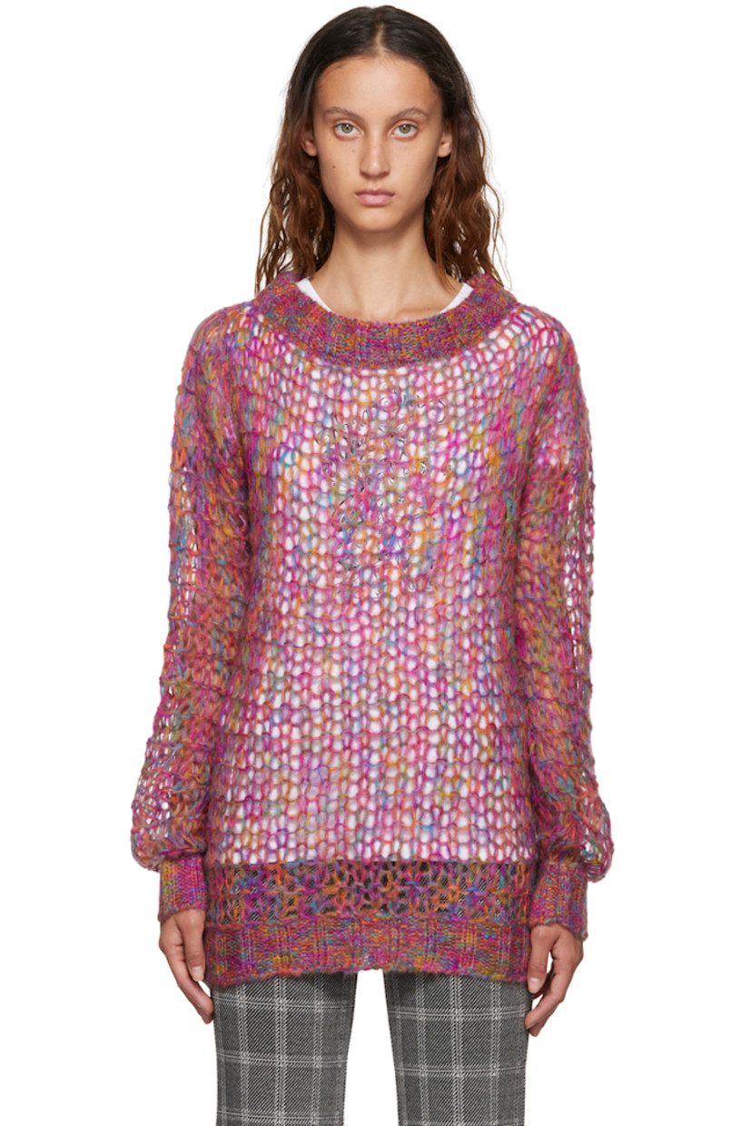 Open knit acrylic and mohair-blend sweater. Rib knit boatneck, cuffs, and hem.

Supplier color: Magenta