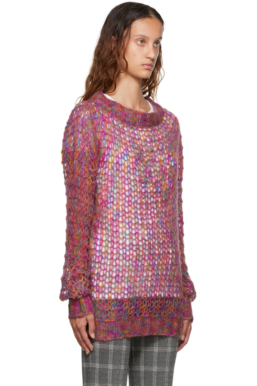 Open knit acrylic and mohair-blend sweater. Rib knit boatneck, cuffs, and hem.

Supplier color: Magenta