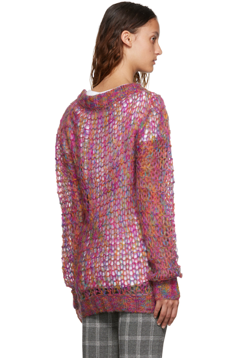 Open knit acrylic and mohair-blend sweater. Rib knit boatneck, cuffs, and hem.

Supplier color: Magenta