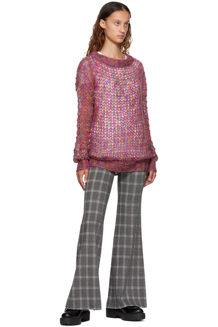 Open knit acrylic and mohair-blend sweater. Rib knit boatneck, cuffs, and hem.

Supplier color: Magenta