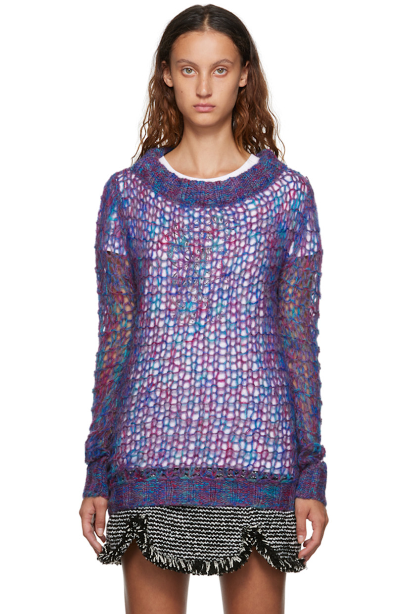 Open knit acrylic and mohair-blend sweater. Rib knit boatneck, cuffs, and hem.

Supplier color: Orchid