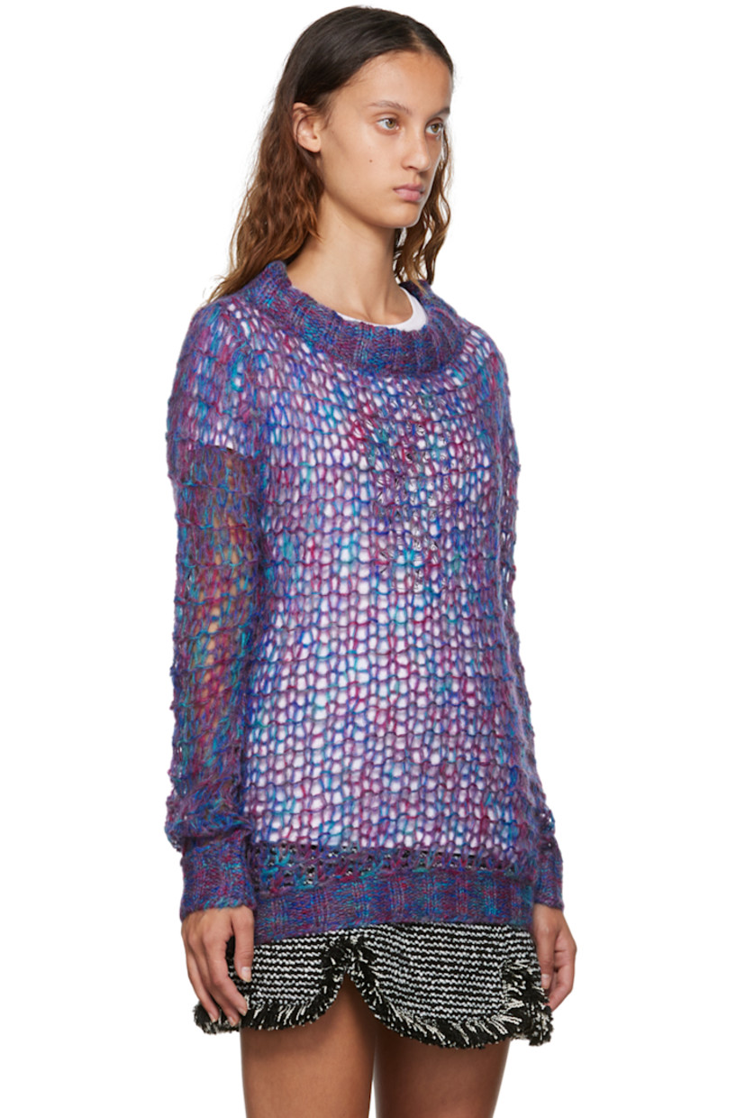 Open knit acrylic and mohair-blend sweater. Rib knit boatneck, cuffs, and hem.

Supplier color: Orchid