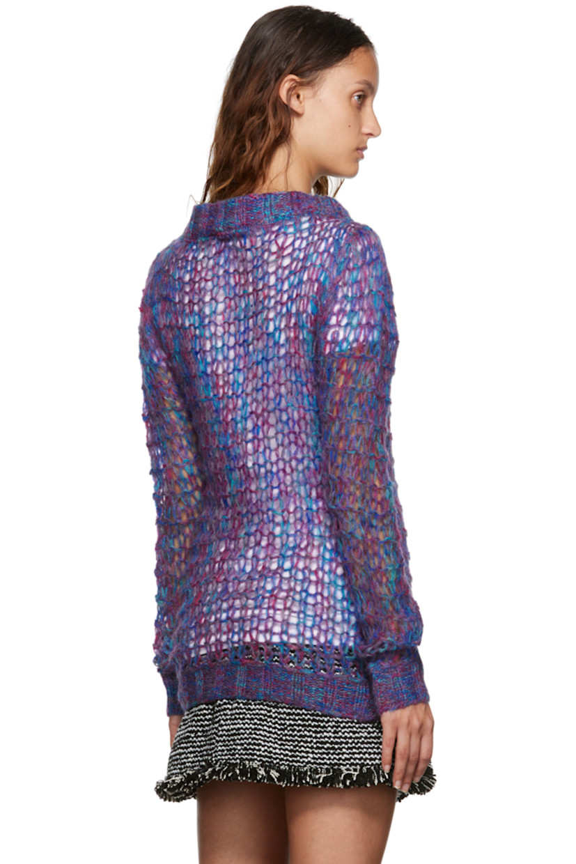 Open knit acrylic and mohair-blend sweater. Rib knit boatneck, cuffs, and hem.

Supplier color: Orchid