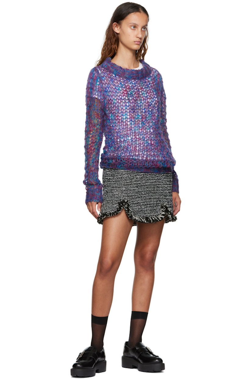 Open knit acrylic and mohair-blend sweater. Rib knit boatneck, cuffs, and hem.

Supplier color: Orchid