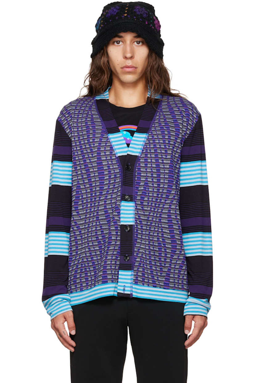 Stretch viscose and polyester-blend jersey cardigan. Stripe patterns throughout.

· Paneled construction
· Y-neck
· Button closure

Available exclusively at SSENSE.

Supplier color: Orchid multi