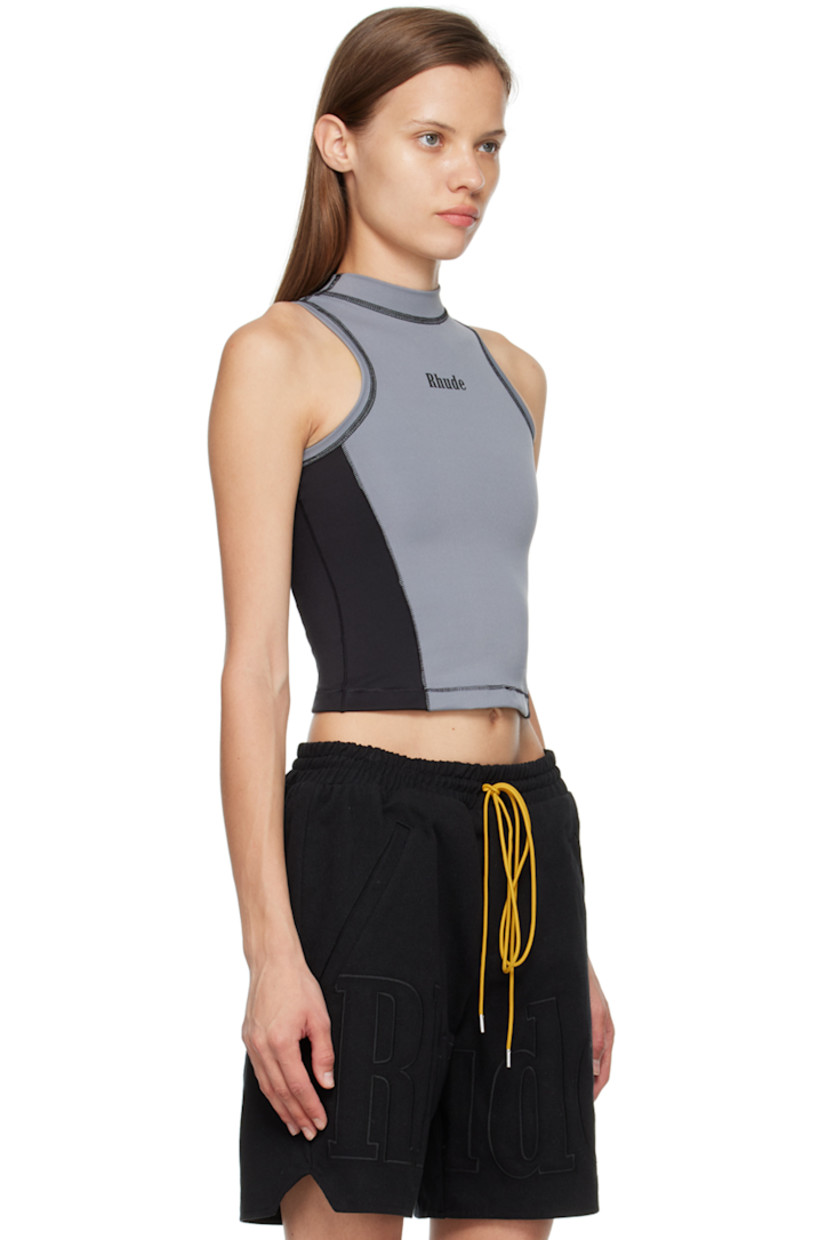 Stretch polyested bonded jersey top. Overlock stitching throughout 

· Mock neck
· Logo printed at front 

Supplier color: Grey/Black