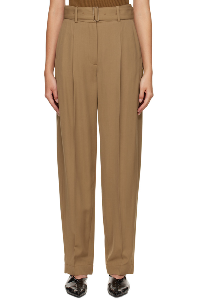 Straight-leg viscose and virgin wool-blend twill trousers.

· High-rise
· Belt loops
· Detachable pin-buckle belt
· Three-pocket styling
· Zip-fly
· Pleats at front 
· Creased legs 

Supplier color: Camel