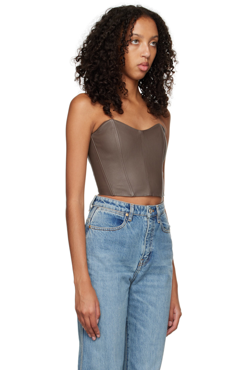 Buffed leather corset-style tank top. Boning throughout. 

· Sweetheart neckline
· Shirring and zip closure at back
· Full plain-woven stretch cotton lining

Supplier color: Grey