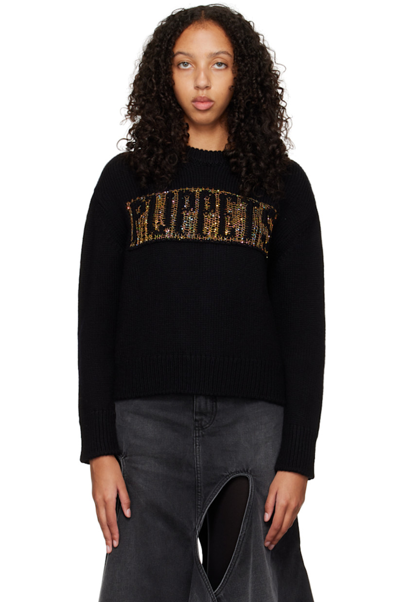 Knit wool-blend sweater.

· Rib knit crewneck, hem, and cuffs
· Sequinned logo graphic at front

Supplier color: Black/Gold