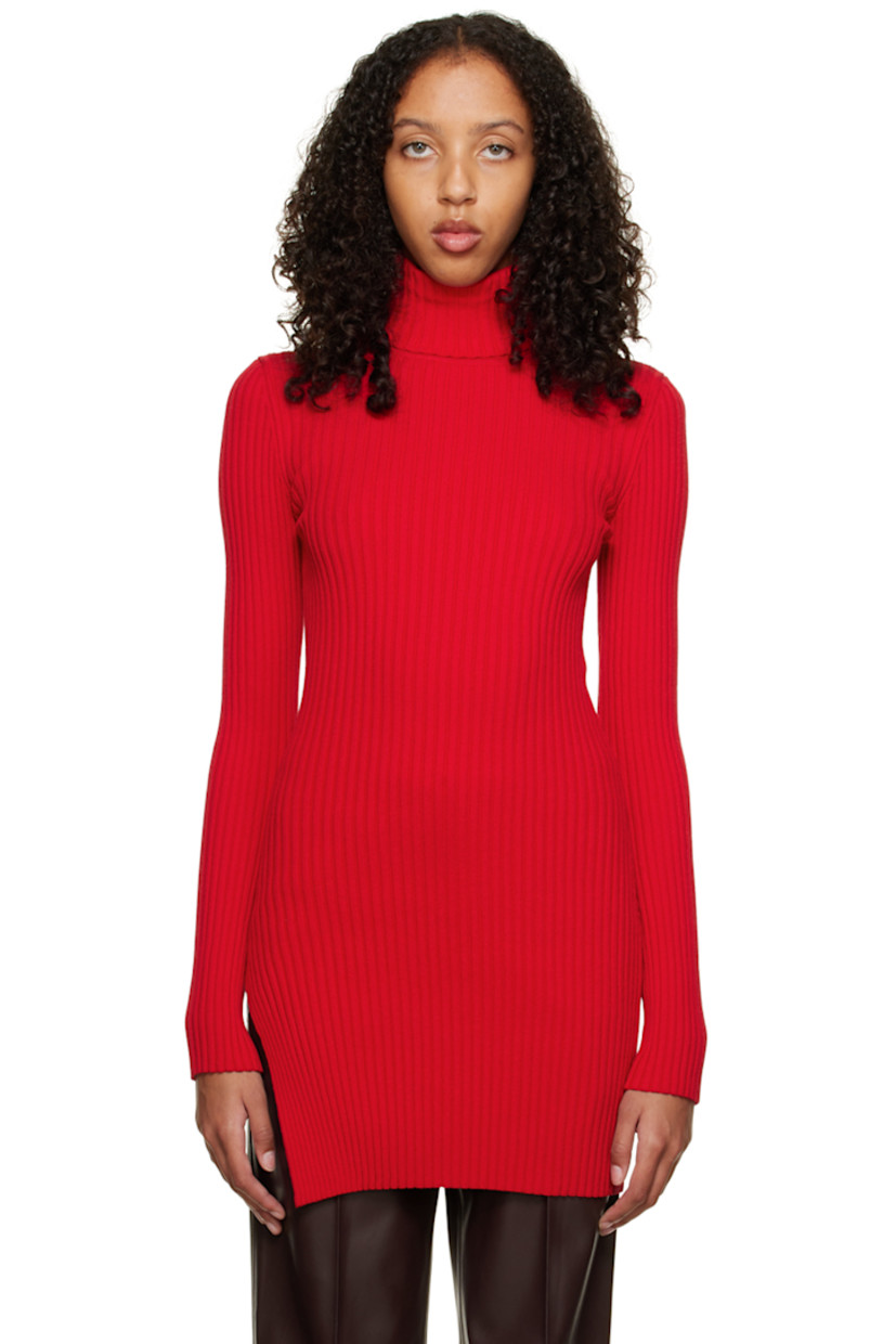 Stretch rib knit viscose turtleneck. Slit at side seam.

Supplier color: Berry Red